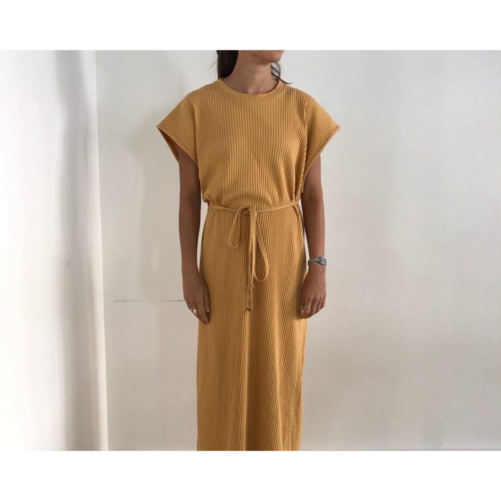 Women’s Ribbed Maxi Dress with Waist Tie - Mustard